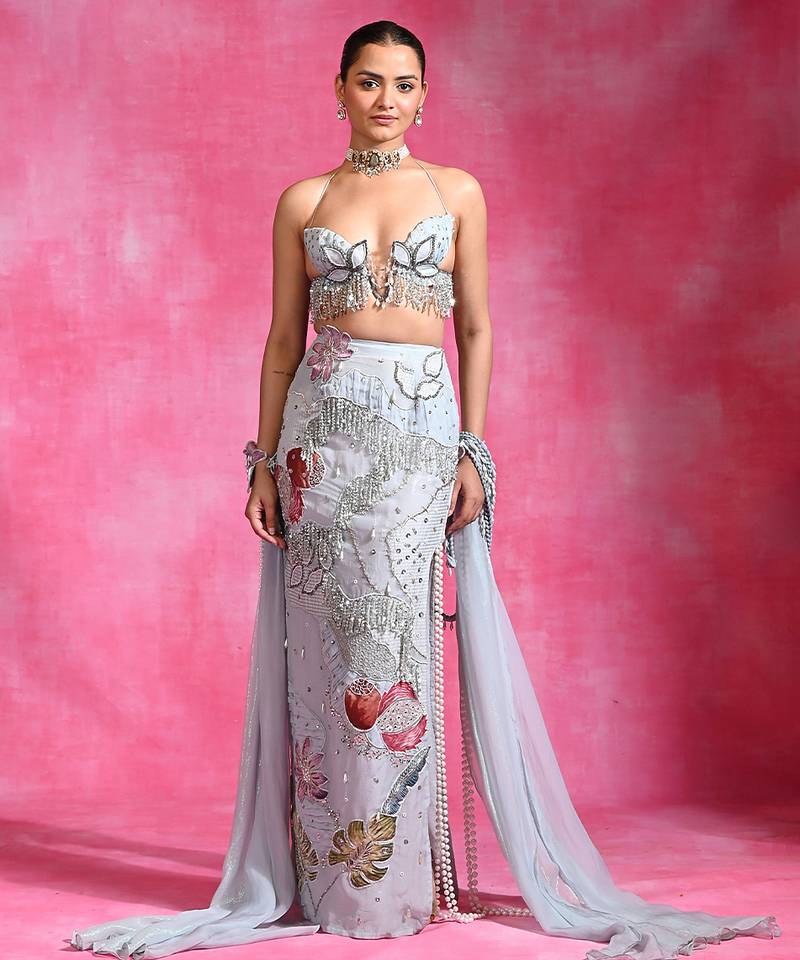Ice blue embroidered organza crepe skirt set
