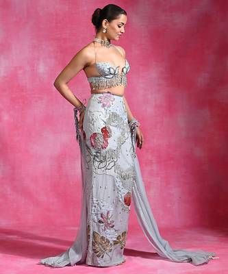 Ice blue embroidered organza crepe skirt set 2