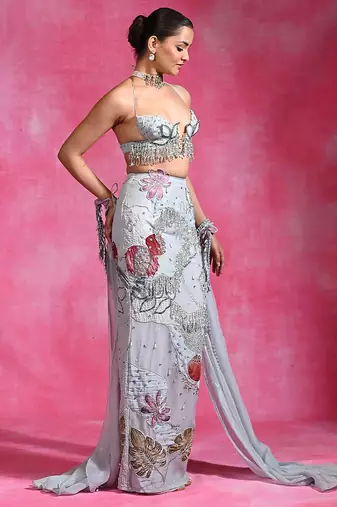 Ice blue embroidered organza crepe skirt set