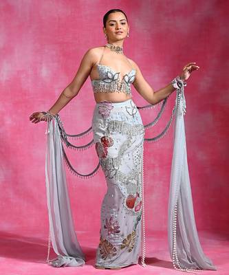 Ice blue embroidered organza crepe skirt set 3
