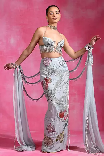 Ice blue embroidered organza crepe skirt set
