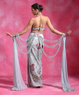Ice blue embroidered organza crepe skirt set 4