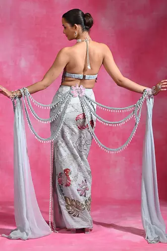 Ice blue embroidered organza crepe skirt set