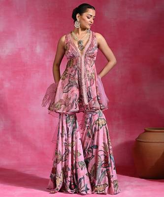 Sugar pink printed crepe indo western sharara set 1