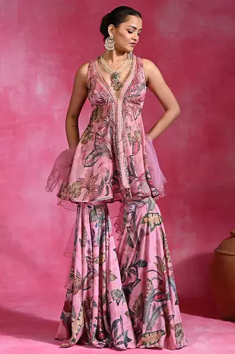 Sugar pink printed crepe indo western sharara set