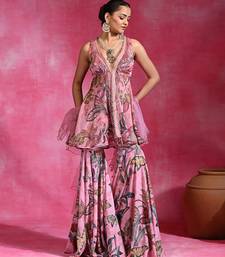 Sugar pink printed crepe indo western sharara set
