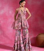 Sugar pink printed crepe indo western sharara set