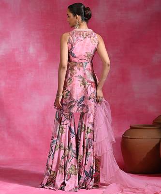 Sugar pink printed crepe indo western sharara set 2