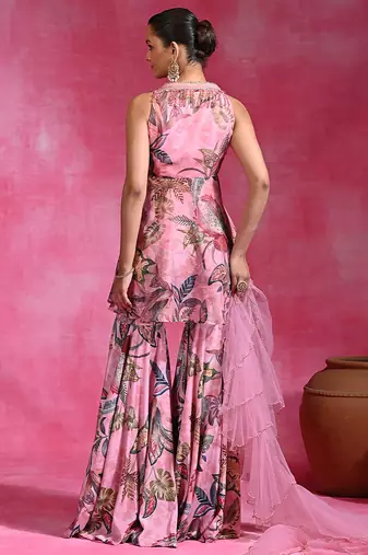 Sugar pink printed crepe indo western sharara set