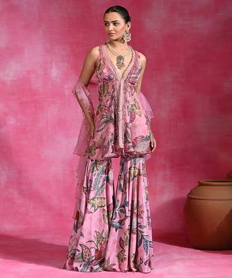 Sugar pink printed crepe indo western sharara set 4