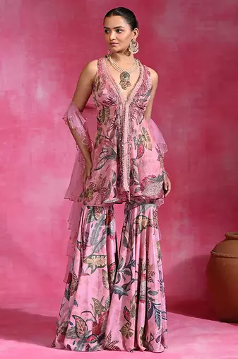 Sugar pink printed crepe indo western sharara set