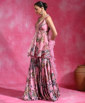 Sugar pink printed crepe indo western sharara set 5