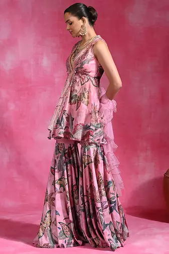 Sugar pink printed crepe indo western sharara set