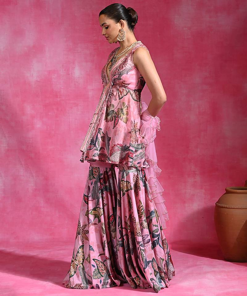 Sugar pink printed crepe indo western sharara set