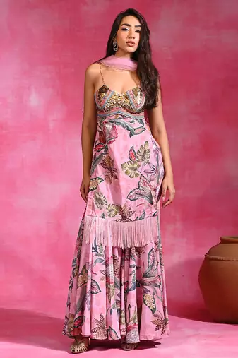 Sugar pink floral printed crepe kurta set