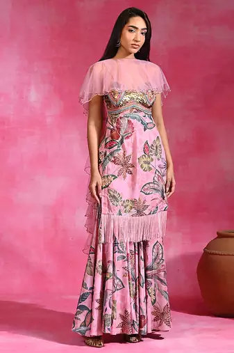Sugar pink floral printed crepe kurta set