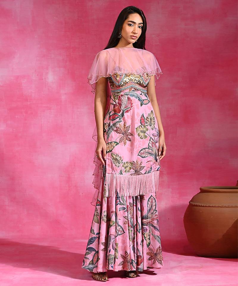 Sugar pink floral printed crepe kurta set