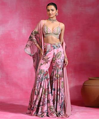 Sugar pink printed crepe indo western sharara set 1