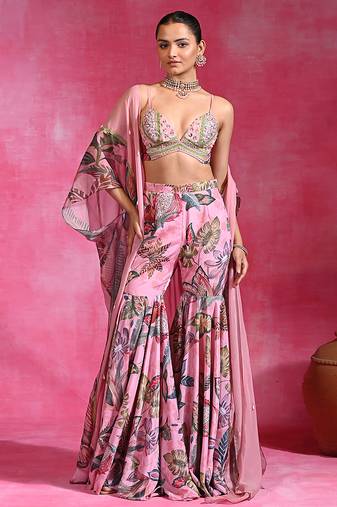 Sugar pink printed crepe indo western sharara set