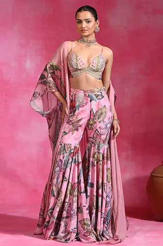 Sugar pink printed crepe indo western sharara set