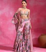 Sugar pink printed crepe indo western sharara set