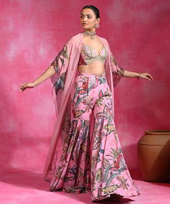 Sugar pink printed crepe indo western sharara set 2
