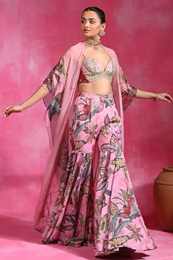 Sugar pink printed crepe indo western sharara set