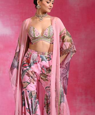 Sugar pink printed crepe indo western sharara set 3