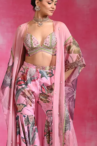 Sugar pink printed crepe indo western sharara set