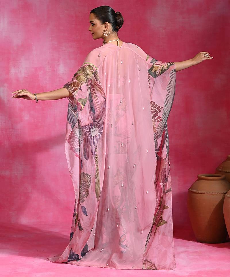 Sugar pink printed crepe indo western sharara set
