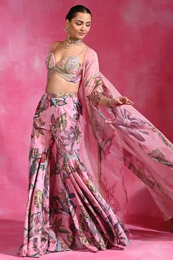 Sugar pink printed crepe indo western sharara set