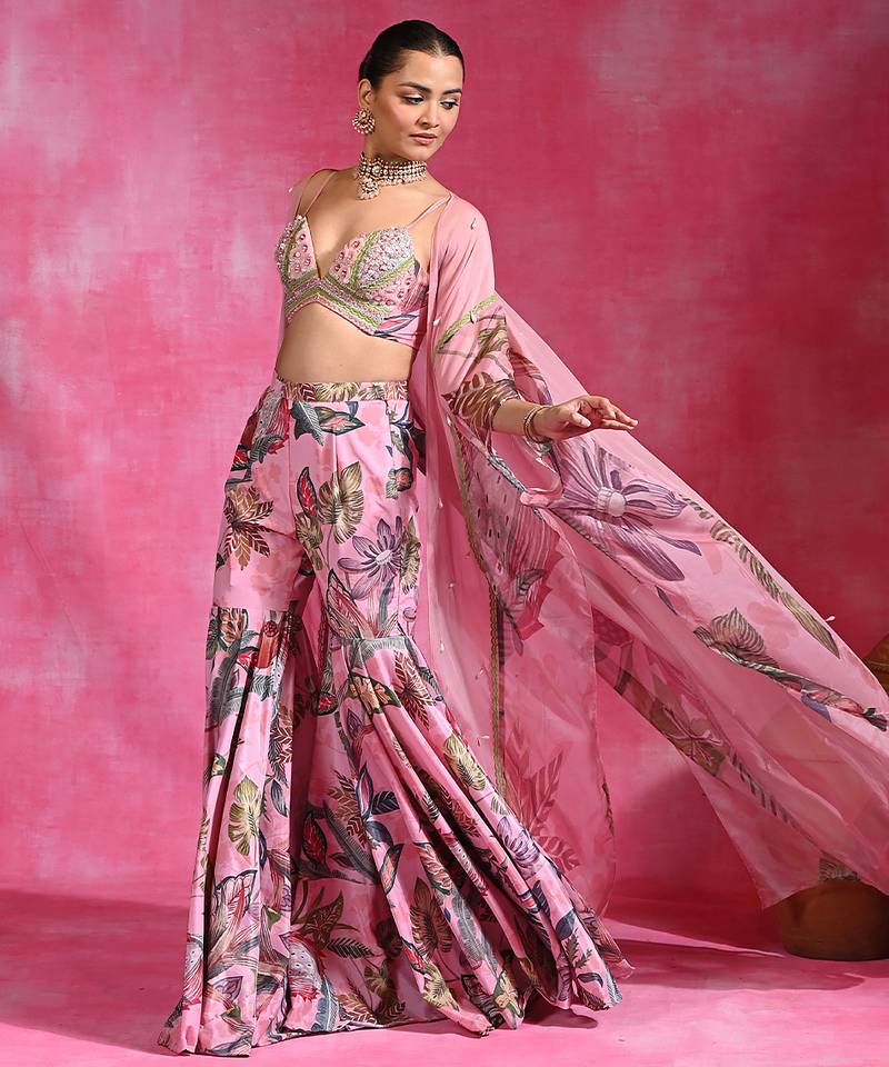 Sugar pink printed crepe indo western sharara set