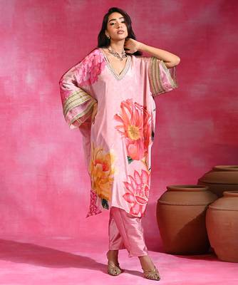 Sugar pink printed crepe tunic kurta set 1