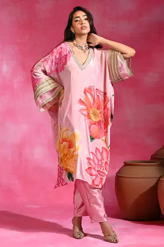 Sugar pink printed crepe tunic kurta set