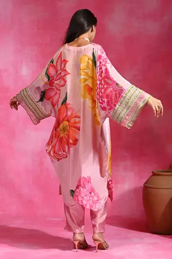 Sugar pink printed crepe tunic kurta set