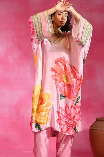 Sugar pink printed crepe tunic kurta set