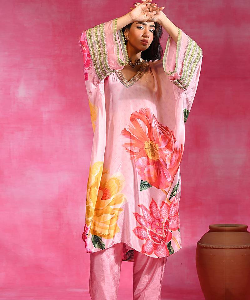 Sugar pink printed crepe tunic kurta set