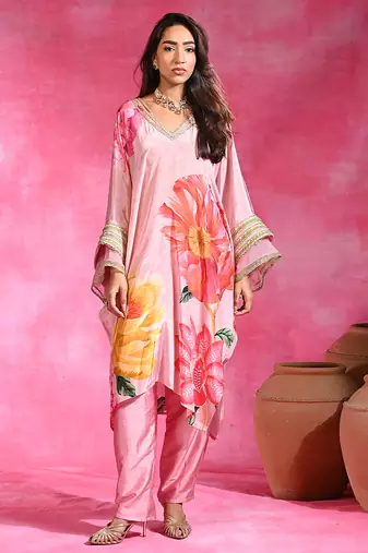 Sugar pink printed crepe tunic kurta set