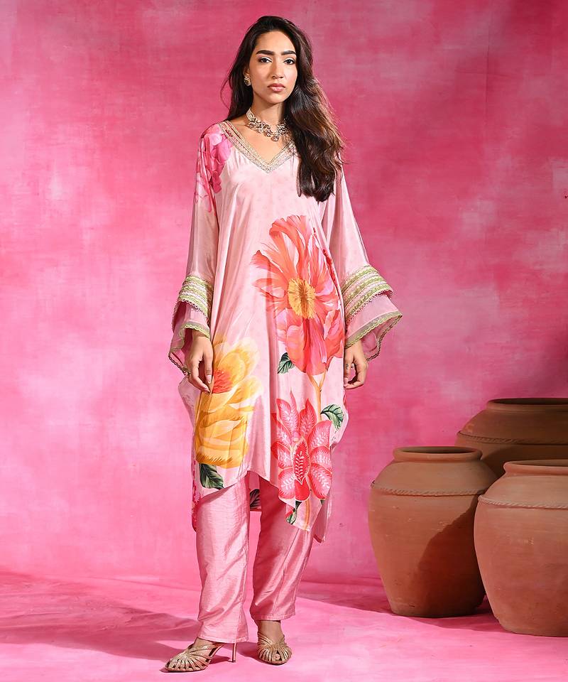 Sugar pink printed crepe tunic kurta set