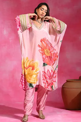 Sugar pink printed crepe tunic kurta set