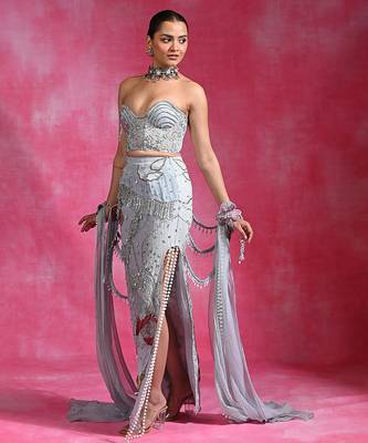 Ice blue embroidered net organza skirt set 1
