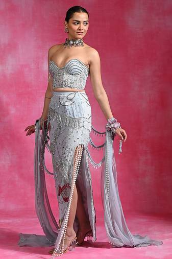 Ice blue embroidered net organza skirt set