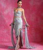 Ice blue embroidered net organza skirt set