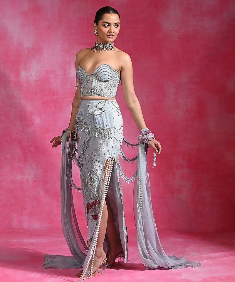 Ice blue embroidered net organza skirt set