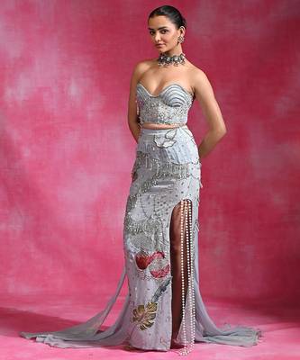 Ice blue embroidered net organza skirt set 2
