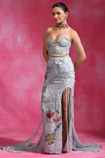 Ice blue embroidered net organza skirt set