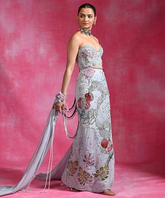 Ice blue embroidered net organza skirt set 3