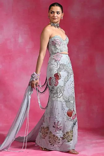 Ice blue embroidered net organza skirt set
