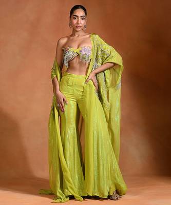 Lime green embroidered crepe organza co ord set 1
