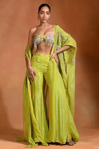Lime green embroidered crepe organza co ord set